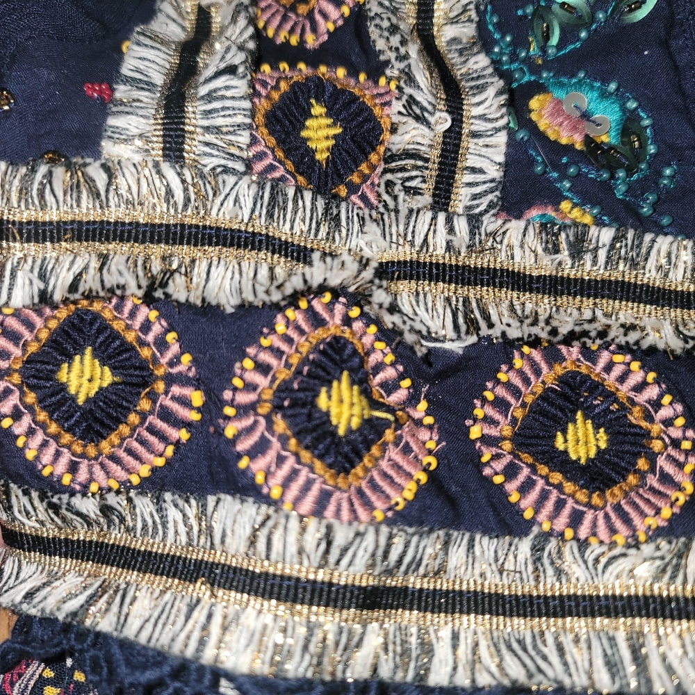 Aqua Embroidered Printed Top jacket Shacket Boho chic Hippie Tassel - Picture 14 of 15